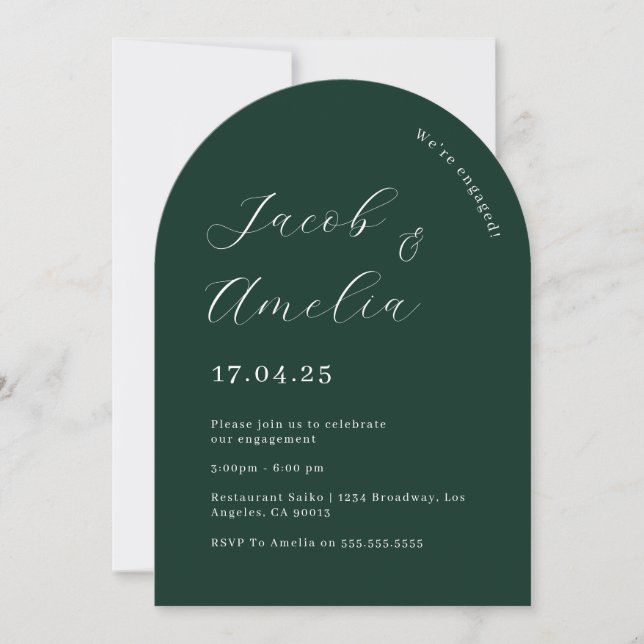 Invitación Fiesta de compromiso de arco verde esmeralda moder (Anverso)
