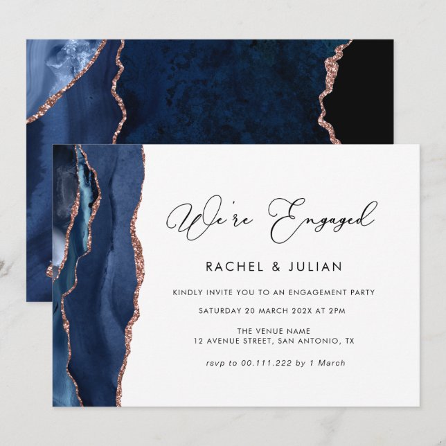 Invitación fiesta de compromiso de azafata azul marino y oro  (Anverso / Reverso)