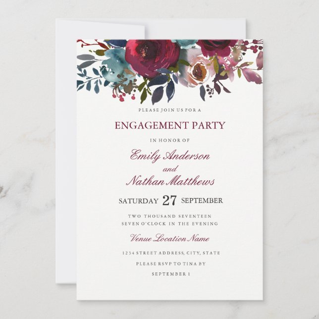 Invitación Fiesta de compromiso de boda con acuarela roja de  (Anverso)