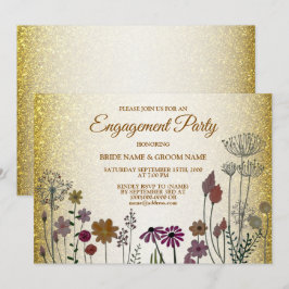 Invitación Fiesta de compromiso de boda con brillo dorado flo