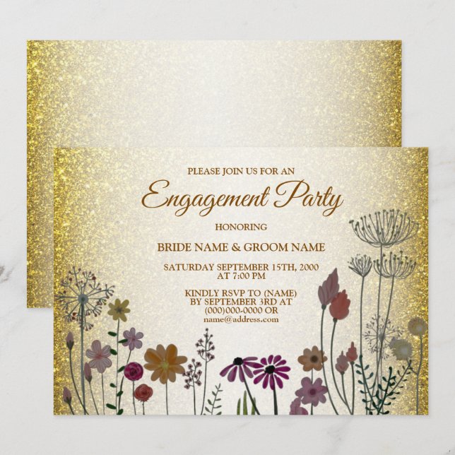 Invitación Fiesta de compromiso de boda con brillo dorado flo (Anverso / Reverso)