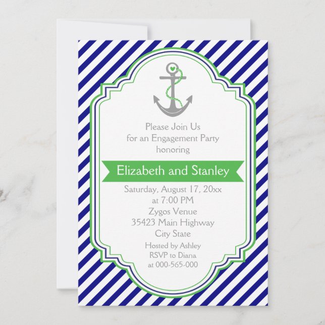 Invitación Fiesta de compromiso de boda náutico azul marino,  (Anverso)