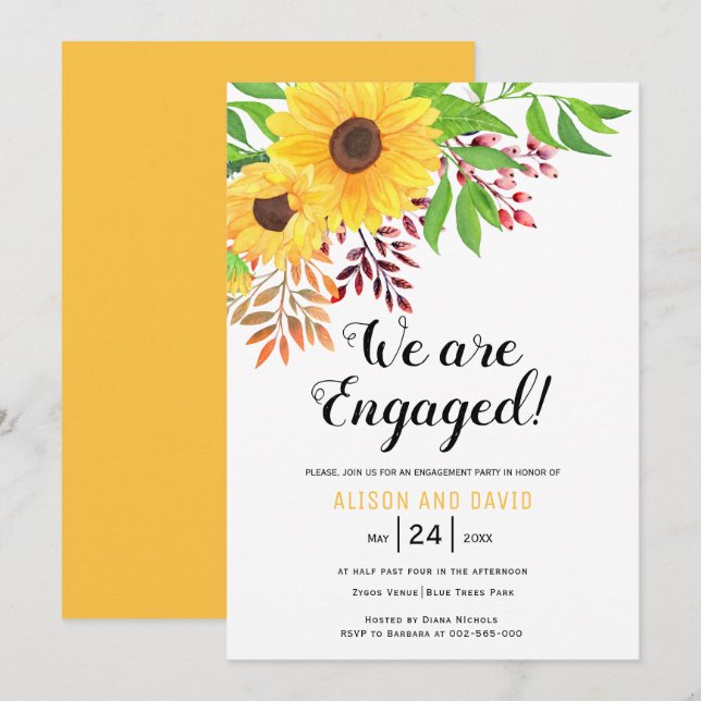 Invitación Fiesta de compromiso de bodas de girasoles acuátic (Anverso / Reverso)