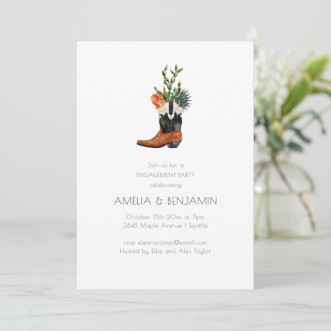 Invitación Fiesta de Compromiso de Botín de Vaquero del Oeste (Anverso de pie)
