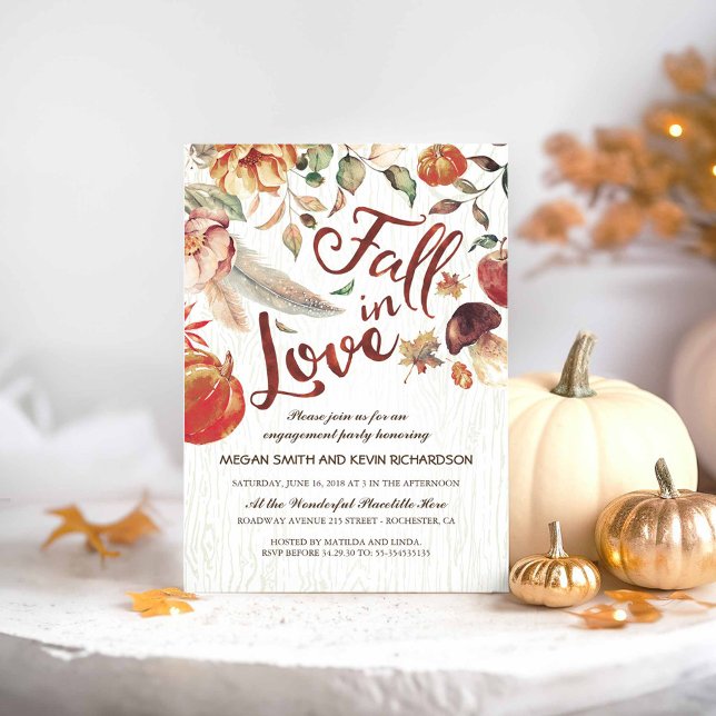 Invitación Fiesta de compromiso de calabaza de la cosecha de  (Fall in Love Engagement Party Invitations featuring Autumn Harvest)