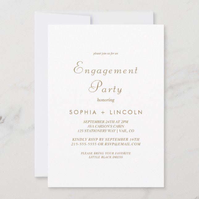 Invitación Fiesta de Compromiso de Caligrafía Dorada Elegante (Anverso)