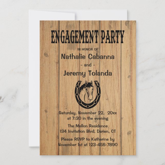 Invitación Fiesta de compromiso de campo de caballo de madera (Anverso)