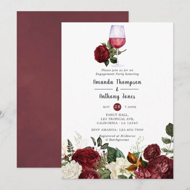 Invitación Fiesta de compromiso de cata de vino floral rojo B (Anverso / Reverso)
