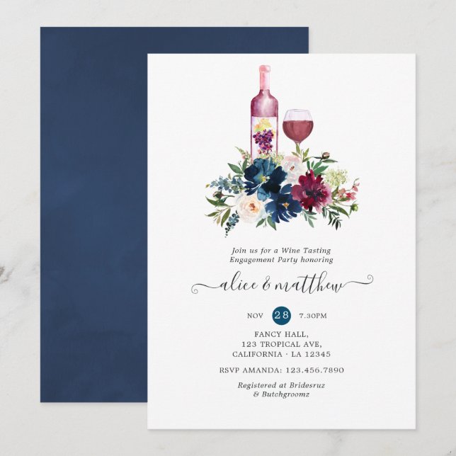 Invitación Fiesta de compromiso de cata de vinos Bordo y Navy (Anverso / Reverso)