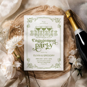 Invitación Fiesta de compromiso de champán Olive Green Spark