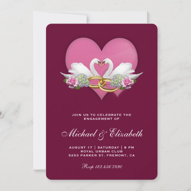 Invitación Fiesta de compromiso de cisnes románticos magenta  (Anverso)
