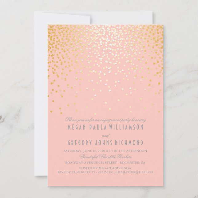 Invitación fiesta de compromiso de confetti rosa y dorado (Anverso)