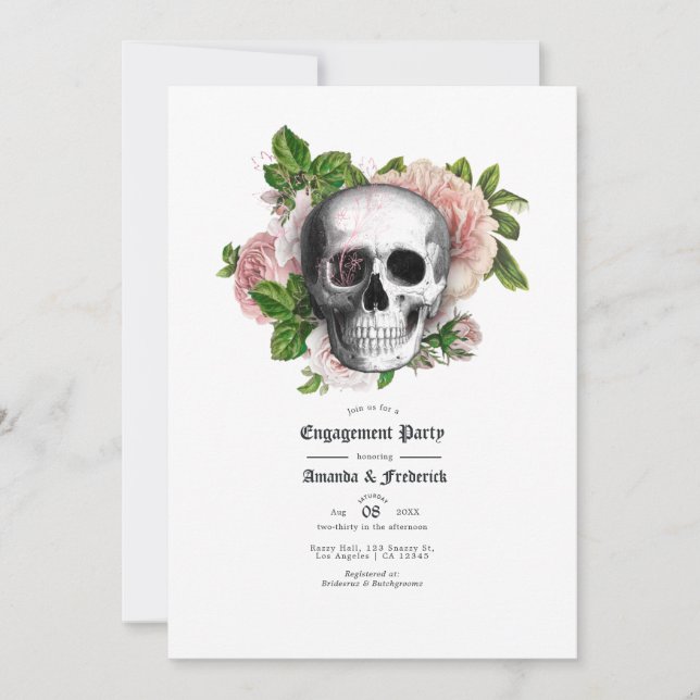 Invitación Fiesta de compromiso de cráneo gótico floral rosa (Anverso)
