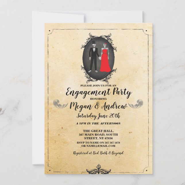 Invitación Fiesta de compromiso de cráneo Halloween Esqueleto (Anverso)