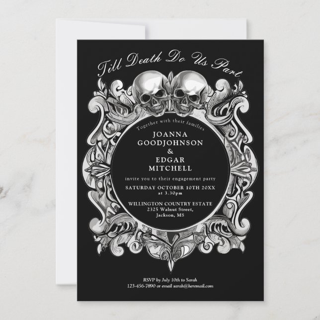 Invitación Fiesta de compromiso de cráneos góticos hasta la m (Anverso)