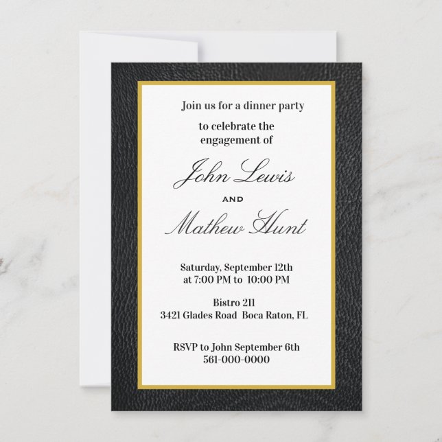 Invitación Fiesta de compromiso de cuero falso negro (Anverso)