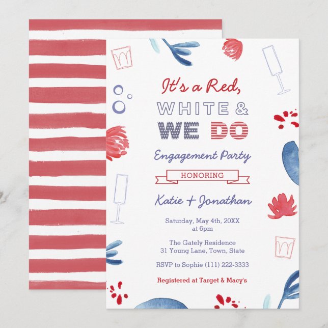 Invitación Fiesta de compromiso de ducha mixta Rojo Blanco y  (Anverso / Reverso)