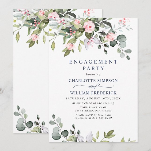 Invitación FIESTA DE COMPROMISO de elegante eucalipto verde (Anverso / Reverso)