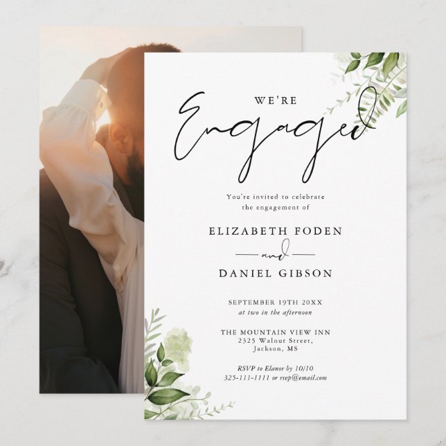 Invitación Fiesta de compromiso de elegante flora verde (Anverso / Reverso)