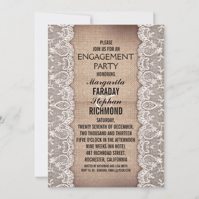 Invitación fiesta de compromiso de encaje antiguo y burlap rú (Anverso)