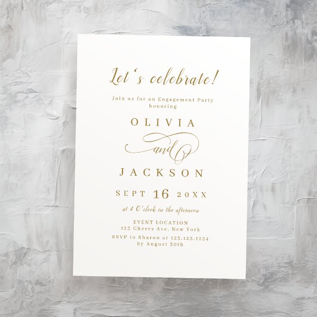 Invitación Fiesta de compromiso de escritura romántica (Gold simple romantic script engagement party invitation)