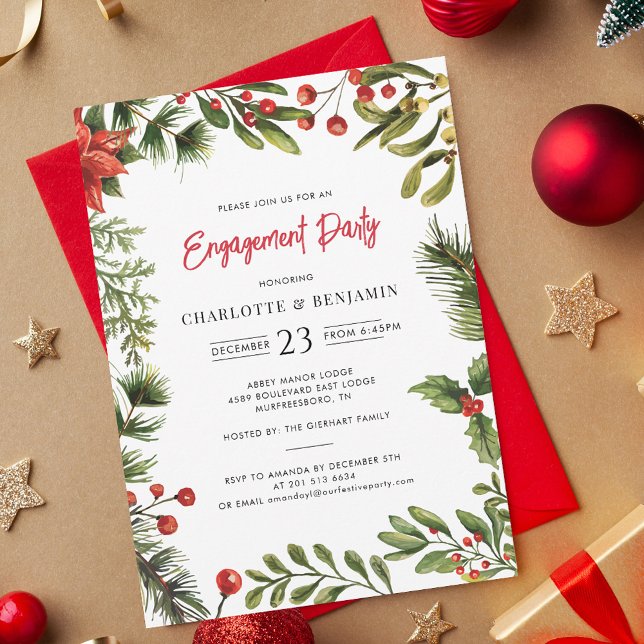 Invitación Fiesta de compromiso de ferias rojas de vacaciones (Christmas Engagement Red Berries Greenery Party Invitation)