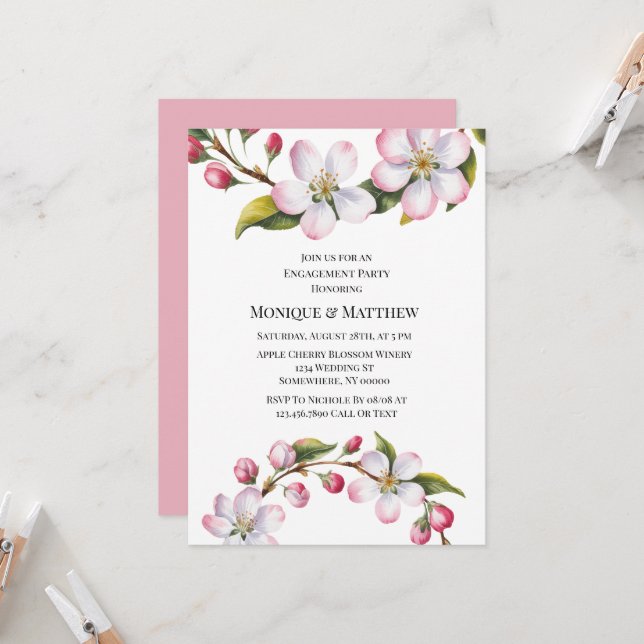 Invitación Fiesta de compromiso de flor de cerezo de manzana  (Anverso/Reverso In Situ)