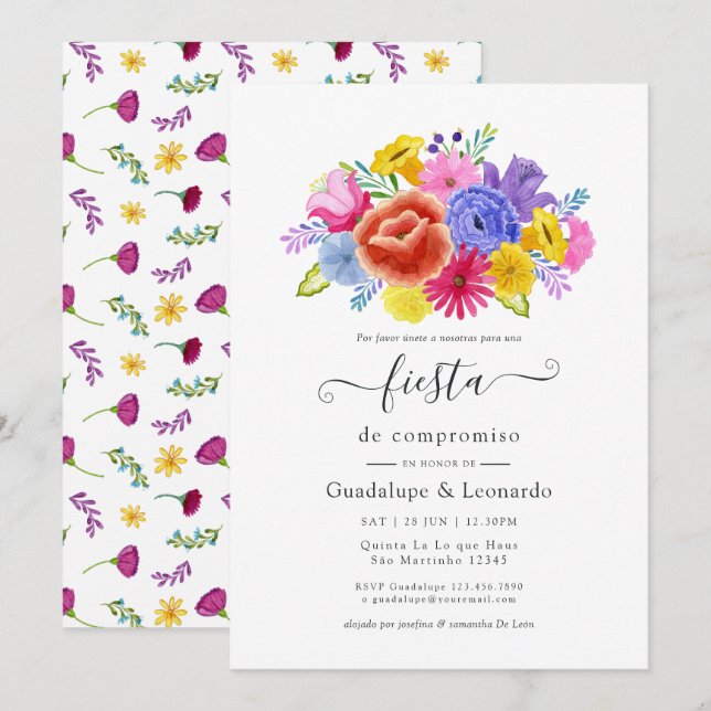 Invitación Fiesta de compromiso de Floral acuarela española (Anverso / Reverso)