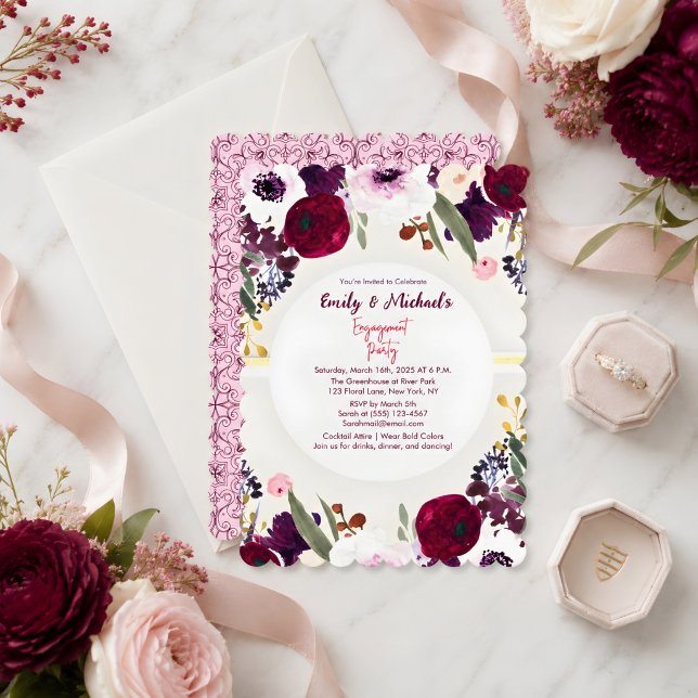 Invitación Fiesta de compromiso de flores atrevidas doradas y (Subido por el creador)