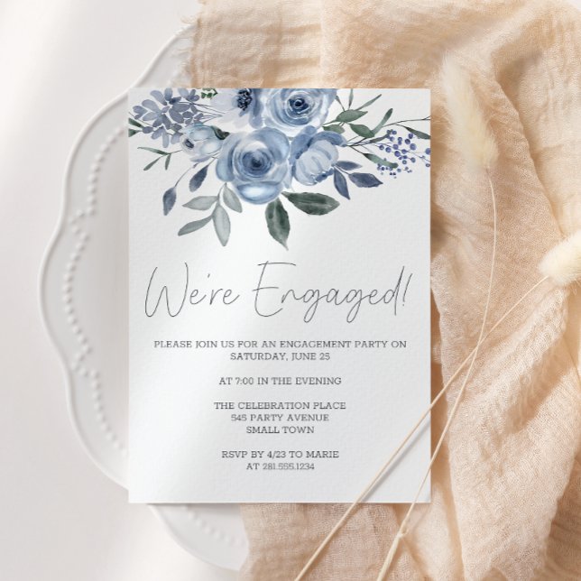 Invitación Fiesta de Compromiso de Flores Azules Pastel Polvo (Subido por el creador)