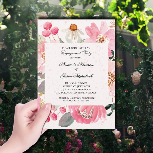 Invitación Fiesta de compromiso de flores de jardín (Watercolor pink garden flowers engagement party invitations)