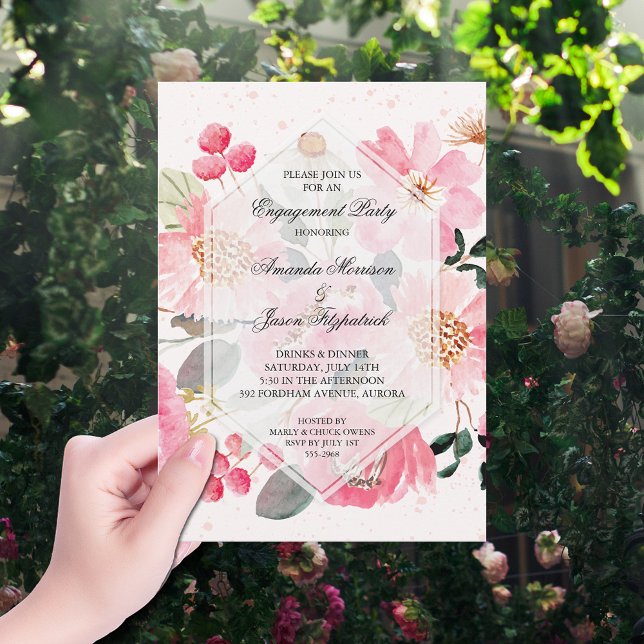 Invitación Fiesta de compromiso de flores de jardín (Watercolor pink garden flowers engagement party invitations)
