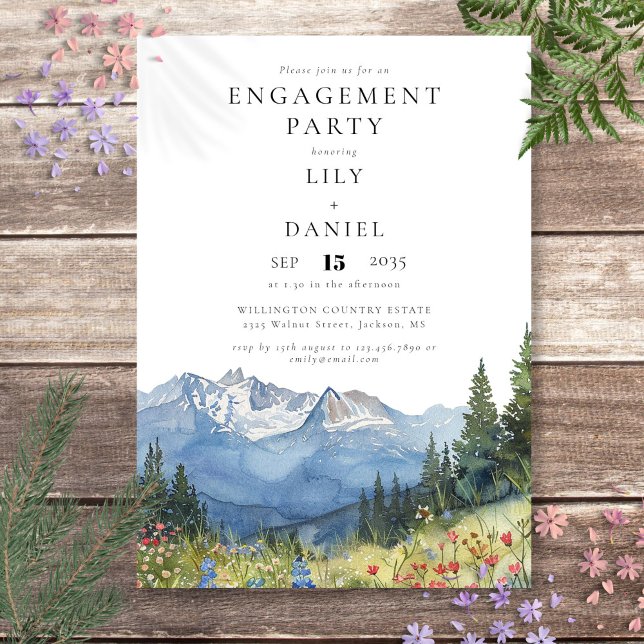Invitación Fiesta de compromiso de flores silvestres de monta (Watercolor Mountain Wildflowers Engagement Party Invitation)