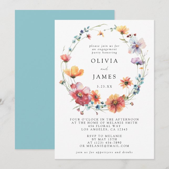 Invitación Fiesta de compromiso de flores silvestres en acuar (Anverso / Reverso)
