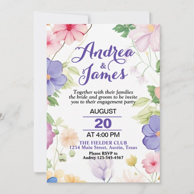 Invitación Fiesta de compromiso de flores silvestres pastel r (Anverso)