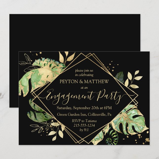 Invitación Fiesta de compromiso de follaje tropical dorado y  (Anverso / Reverso)