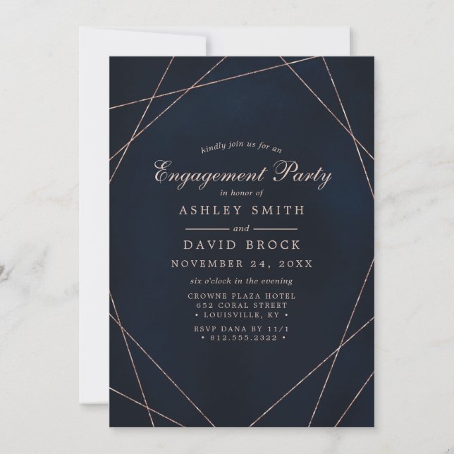 Invitación Fiesta de compromiso de geometría en oro rosa medi (Anverso)