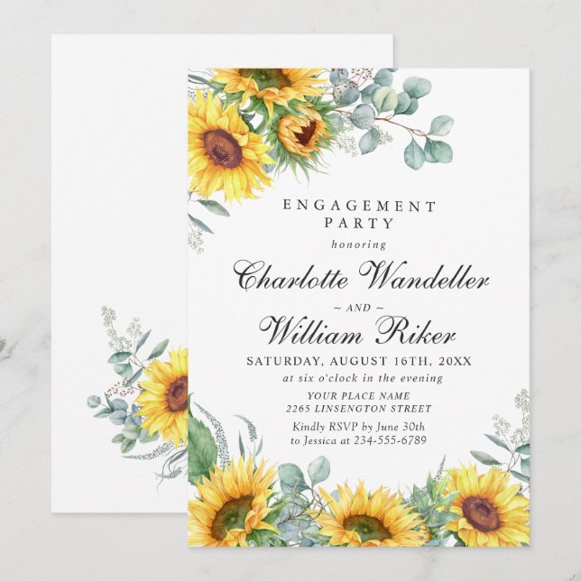 Invitación Fiesta de COMPROMISO de girasoles de acuarela euca (Anverso / Reverso)