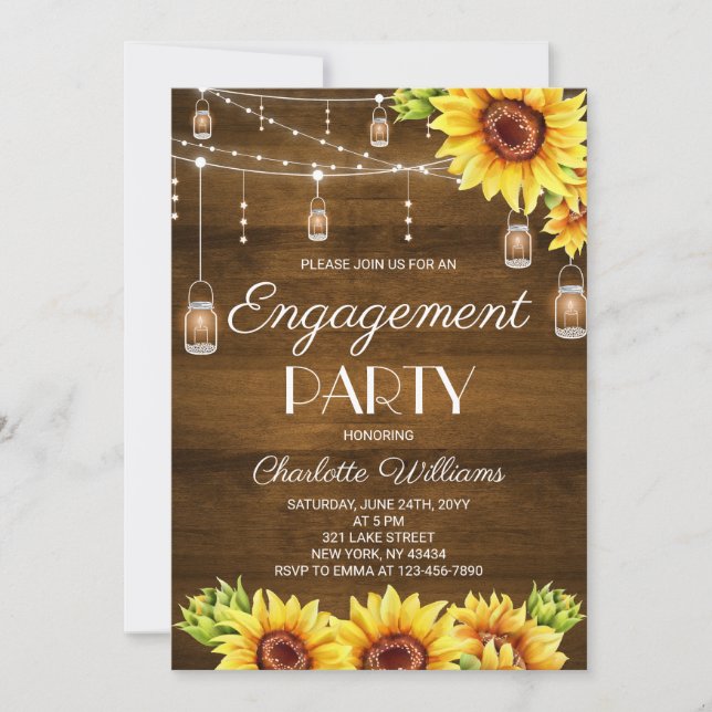 Invitación Fiesta de Compromiso de Girasoles de Madera Rústic (Anverso)