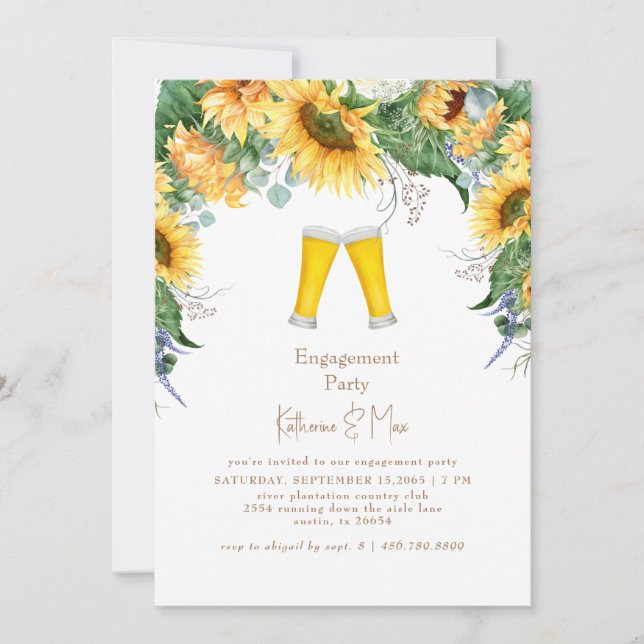 Invitación Fiesta de compromiso de girasoles y cerveza II (Anverso)