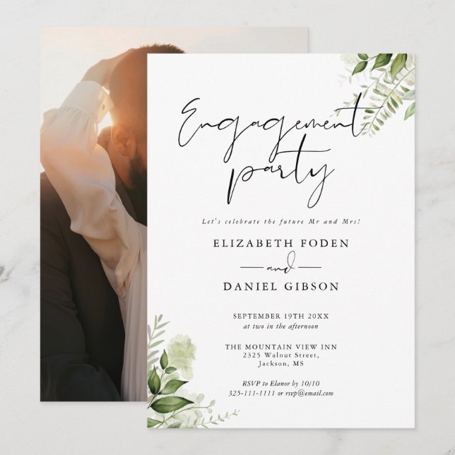 Invitación Fiesta de compromiso de guión de vegetación floral (Anverso / Reverso)