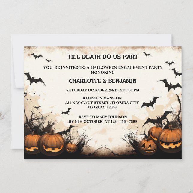 Invitación Fiesta de compromiso de Halloween gótico (Anverso)