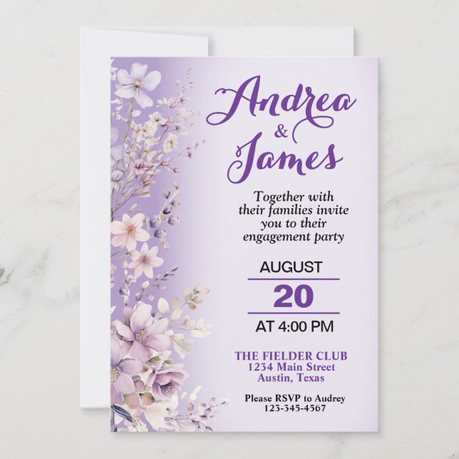 Invitación Fiesta de compromiso de hermosas flores púrpuras (Anverso)