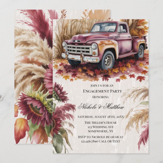 Invitación Fiesta de compromiso de hierba de Pampas y girasol (Anverso / Reverso)