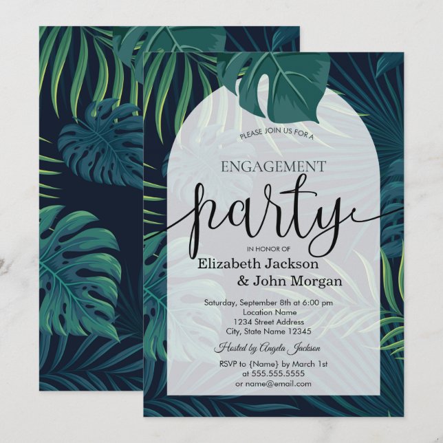 Invitación Fiesta de compromiso de hojas de palma exóticas (Anverso / Reverso)