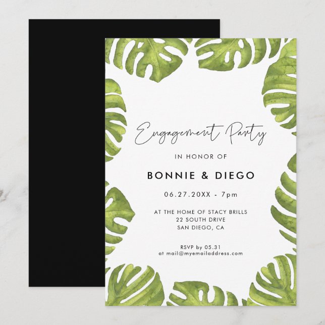 Invitación Fiesta de compromiso de hojas de palma verdes trop (Anverso / Reverso)