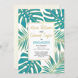 Invitación fiesta de compromiso de hojas tropicales verde azu