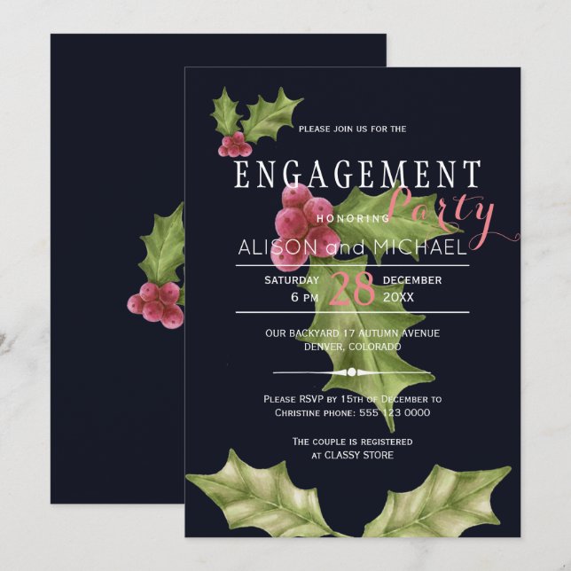 Invitación Fiesta de compromiso de invierno de la mora rosa d (Anverso / Reverso)