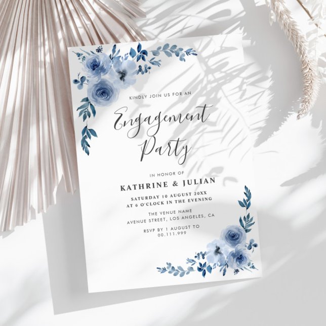 Invitación fiesta de compromiso de la flor azul polvorienta (Subido por el creador)
