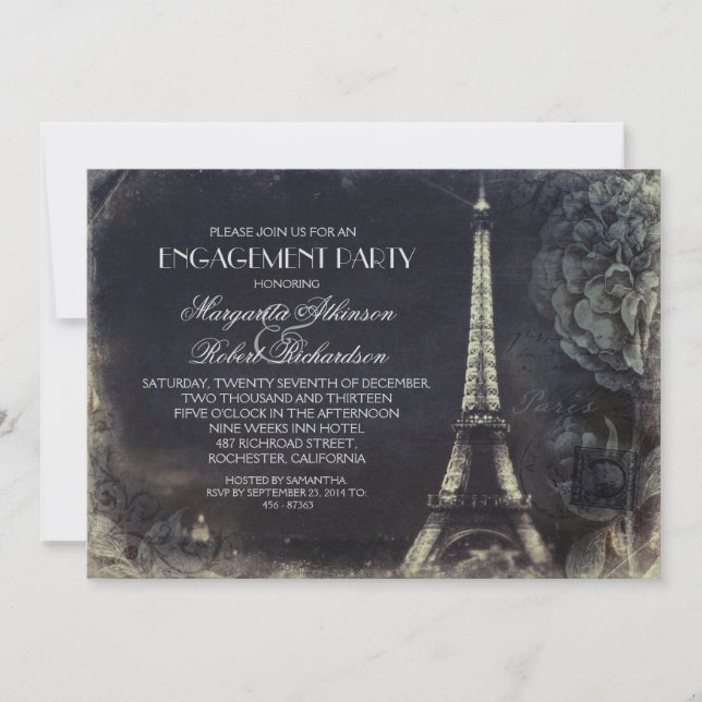 Invitación Fiesta de compromiso de la torre Eiffel de París (Anverso)